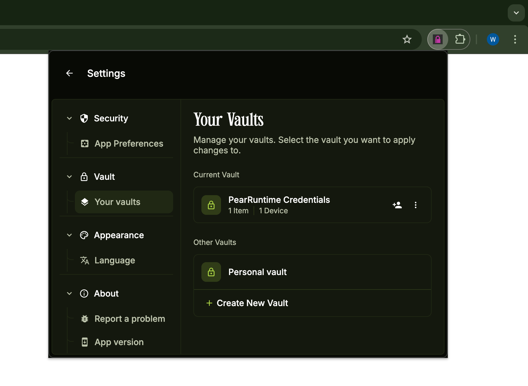 Your Vaults screen with Create New Vault option